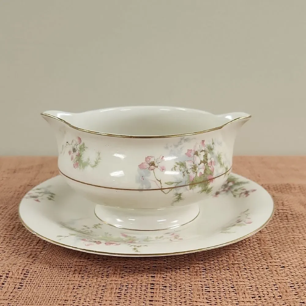 Vintage Theodore Haviland Apple Blossom Gravy Boat with Saucer